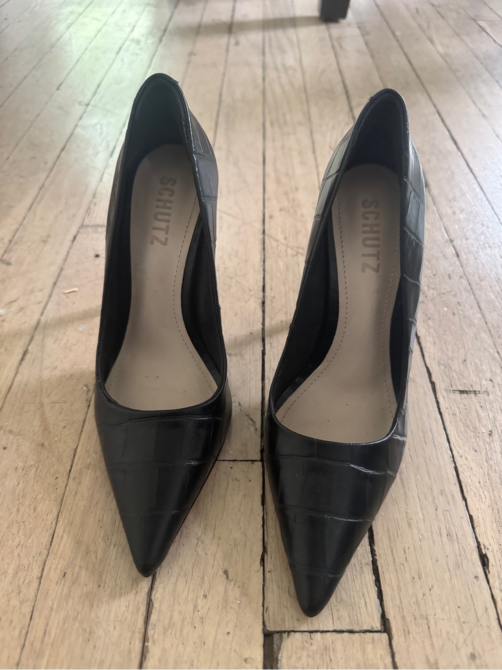 SCHUTZ Black Croc-Embossed Pointed Toe Pumps